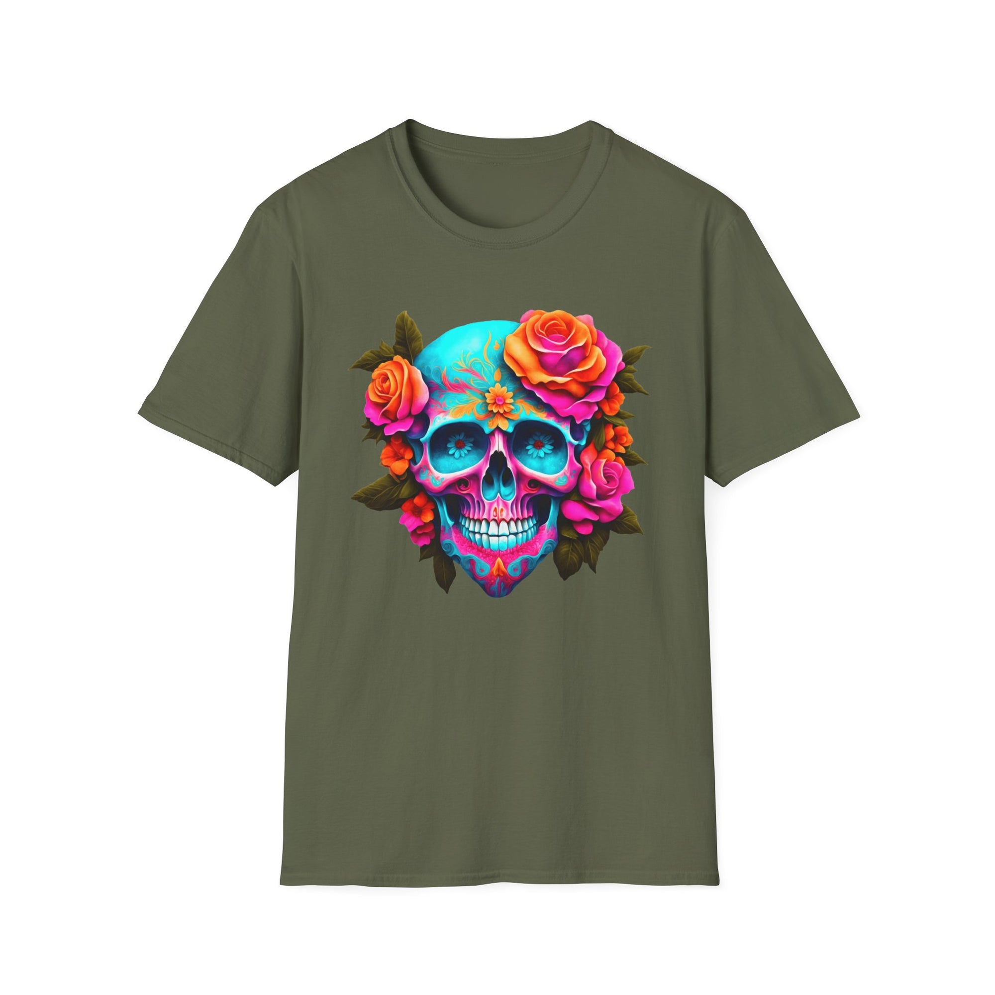 Vibrant Floral Skull T-Shirt | Unisex Softstyle Tee for Halloween